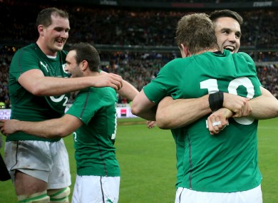 The Irish players celebrate victory in Paris.
