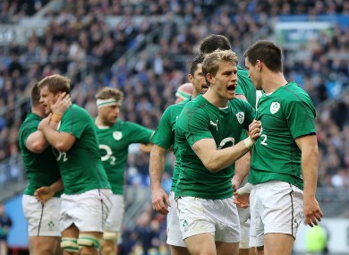 Andrew Trimble celebrates with Jonny Sexton after his first try.