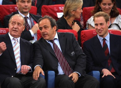 President of the Football Association Prince William (right), UEFA president Michel Platini and King Juan Carlos of Spain.