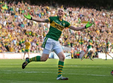 Kerry's Kieran Donaghy celebrates scoring a goal against Donegal.