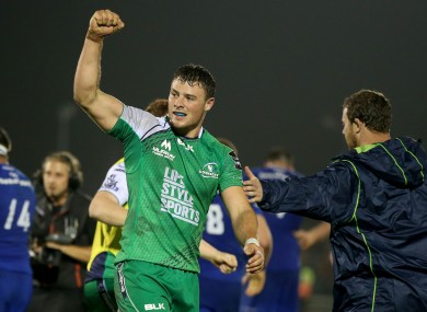 Outside centre Robbie Henshaw celebrates the win over Leinster earlier this season.
