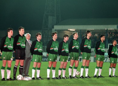 The Irish team line up for The National Anthem prior to their 1993