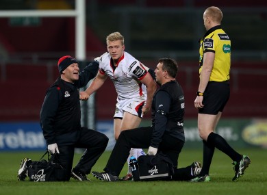 File photo: Olding receiving treatment after shipping a blow from Donncha O'Callaghan.