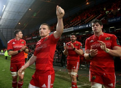 Andrew Conway and his teammates thank the Thomond Park crowd yesterday.
