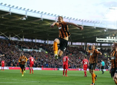 Dawson leaps in the air after scoring the winner.