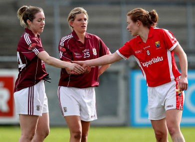 Galway's Caitriona Cormican and Aoibheann Daly with Rena Buckley of Cork after the game.