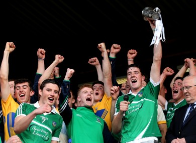 Limerick captain Diarmuid Byrnes lifts the trophy after their Munster U21 final win.