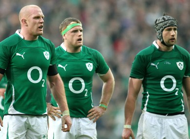 Paul O'Connell, Jamie Heaslip and Kevin McLaughlin pictured during McLaughlin's Ireland debut against Italy in 2010.