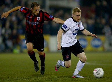 Longford's Stephen Rice with Daryl Horgan of Dundalk.