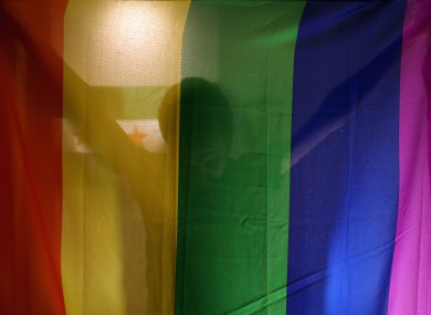 Daniel Halaby, a gay Syrian living in southern Turkey, poses with the rainbow LGBT flag in his apartment.