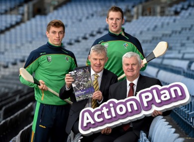 From left: Clare's David McInerney; Paudie Ó Néill, chairman of the Hurling Development Committee; Aogán Ó Fearghail, GAA president and Antrim hurler Neal McAuley,
