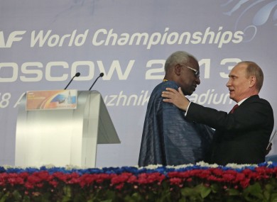 Diack and Putin during the opening ceremony for the 2013 World Championships.