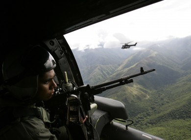 Venezuelan army helicopters fly over the Sierra de Perija national park, west of Caracas where poppy and marijuana plants are often discovered (2005).
