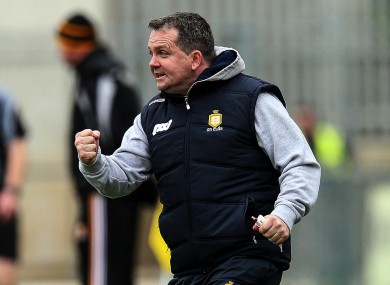 Clare manager Davy Fitzgerald celebrates a score during their Allianz Hurling League semi-final defeat of Kilkenny.