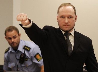 Anders Behring Breivik makes a fascist salute after arriving in court in 2012. (File)
