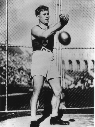 Pat O'Callaghan on his way to retaining gold at the 1932 Olympics.