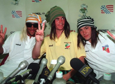Phil Babb, Gary Kelly and Jason McAteer pictured at a 1994 World Cup Republic of Ireland Press Conference.