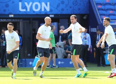 Robbie Keane, David Meyler, John O'Shea and Shane Long train at Parc Olympique Lyonnais.
