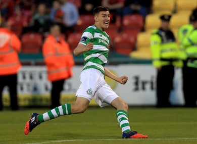 Sean Boyd of Rovers celebrates his side's third goal.