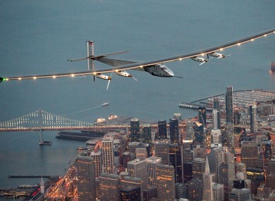 The Solar Impulse 2 flying over San Francisco on Saturday.