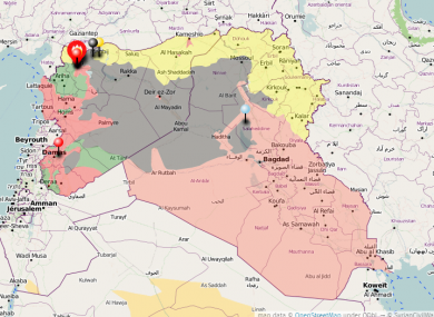 A map of Syria's civil war, showing Isis-controlled provinces (grey); Kurdish forces (yellow); Syrian or Iraqi government control (red) and rebels (green), which includes militant islamist rebels like the Al-Nusra Front, and the supposedly more moderate Free Syrian Army.
