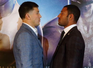 Gennady Golovkin facing up to Kell Brook today at a press conference at the Dorchester Hotel, London.