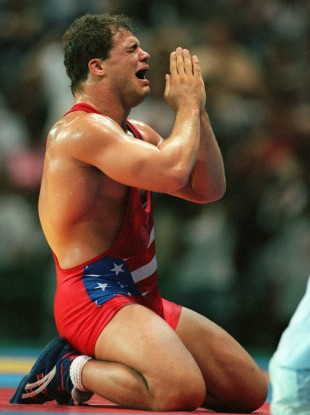 Kurt Angle of the United States reacts to his gold medal win in the 100kg class of freestyle wrestling at the Centennial Olympic Games in Atlanta.