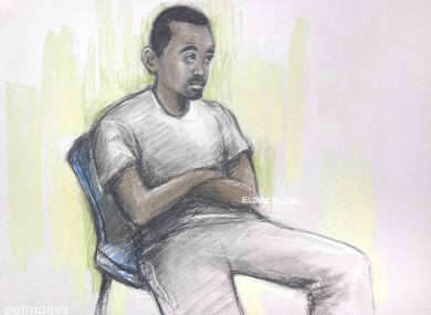 Court artist sketch by Elizabeth Cook of Muhaydin Mire appearing at Westminster Magistrates' Court, London