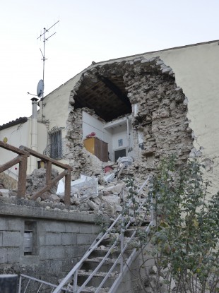 A view of a damaged house in the village of Pieve Torina, Italy.