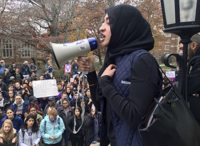 File photo of Eeman Abbasi speaking during a protest on the University of Connecticut campus against the election of Republican Donald Trump.