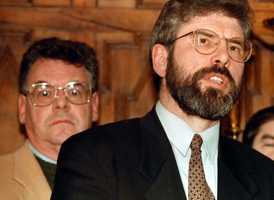 Sinn Fein leader Gerry Adams after meeting a delegation of American politicians, including Congressman Peter King (background) from New York during their one day visit to Northern Ireland in 1997.