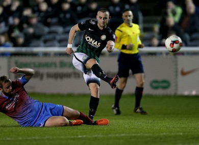 Bray's Dylan Connolly unleashes a strike on goal.