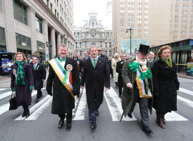 Taoiseach Enda Kenny (centre) takes part in the annual St Patrick's Day parade in Philadelphia, as part of his US visit.