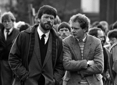Gerry Adams and Martin McGuinness at the funeral of Patrick Kelly, 30, the reputed IRA commander in East Tyrone, in May 1987.