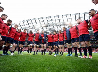 The Munster players in a huddle after Saturday's Champions Cup semi-final defeat to Saracens at the Aviva Stadium.