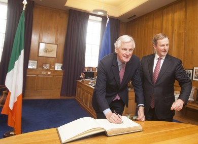 The European Union's chief Brexit negotiator Michel Barnier with Taoiseach and Fine Gael leader Enda Kenny in the Taoiseach’s office in Government Buildings today as Michel Barnier signs the visitor book
