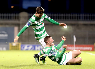James Doona (below) celebrates scoring a last minute winner in Rovers' EA Sports Cup semi-final win.
