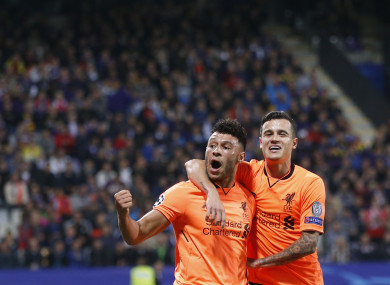 Liverpool's Alex Oxlade-Chamberlain, left, celebrates with Philippe Coutinho.