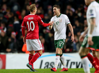 Christian Eriksen and Stephen Ward after last Saturday's play-off.