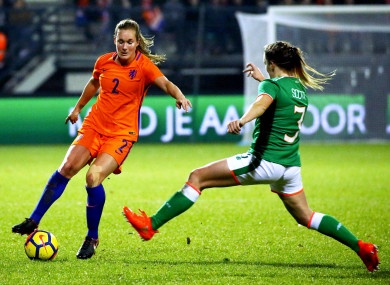 Dutch defender Desiree van Lunteren and Ireland's Harriet Scott.