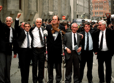 The Birmingham Six outside the Old bailey in London, after their convictions were quashed.