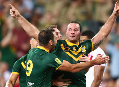 Boyd Cordner celebrates opening the scoring in the Rugby League World Cup final.
