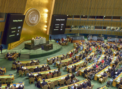 A display shows the results of voting by the United Nations General Assembly at UN Headquarters in New York