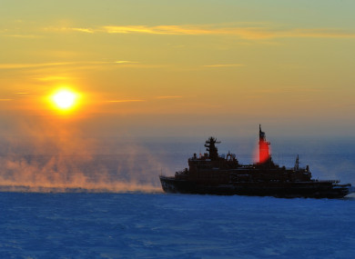 A Russian icebreaker in a foggy ice canal near Sabetta.