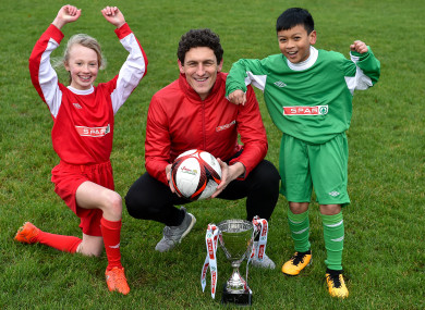 Andrews at the launch of the SPAR FAI Primary School 5s Programme with students from Scoil Mhuire CBS and St Vincent de Paul’s Girls NS today.