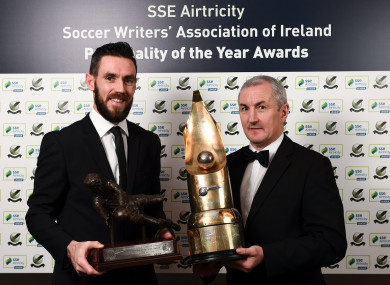 Award winners Mark McNulty and John Caulfield of Cork City.