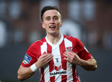 Aaron McEneff celebrates scoring for Derry City on Friday night.