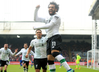 Mohamed Salah celebrates scoring Liverpool's second.