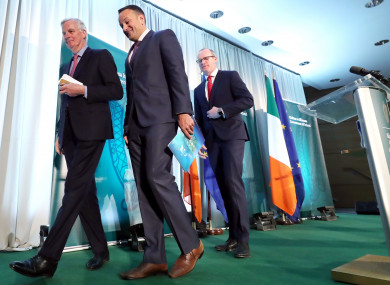 (Left to right) Michel Barnier, Taoiseach Leo Varadkar and Simon Coveney after a press conference at the Dundalk Institute of Technology.