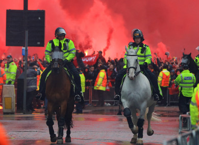 Officers on horseback outside the stadium before kick-off.